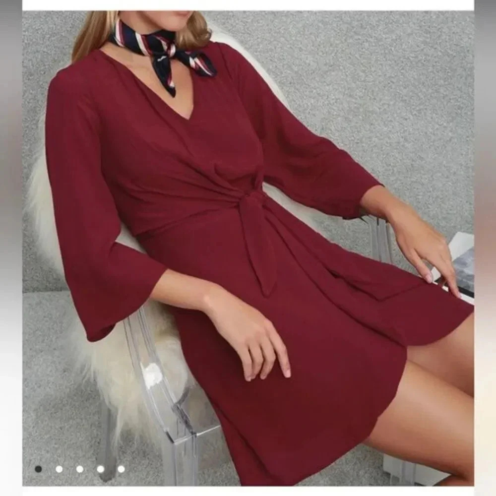 Lulus Claremont Burgundy Tie Front Three Quarter Sleeve Dress